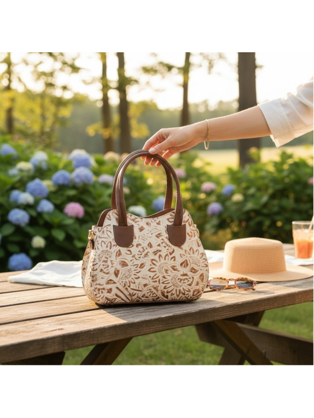 Off White Gold Brown Sunflower Embossed Tooled Artisan LEATHER Hobo Bag Purse